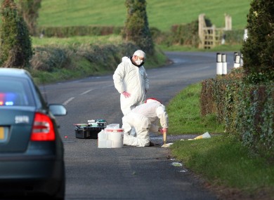 Police forensic officers examine a murder scene outside Comber, Co Down, where body of Philip Strickland, 36, was found shot dead in a car.