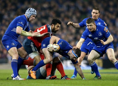 Munster and Leinster players during the recent PRO12 clash at the Aviva Stadium.