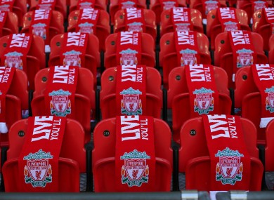 Liverpool scarves cover 96 seats as part of the 25th Hillsborough anniversary memorial.