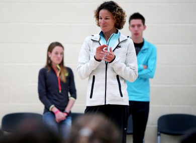 Sonia O'Sullivan talks to students at St Brigid's National School in Castleknock. Fionnuala Britton and Paul Robinson are pictured in the background.