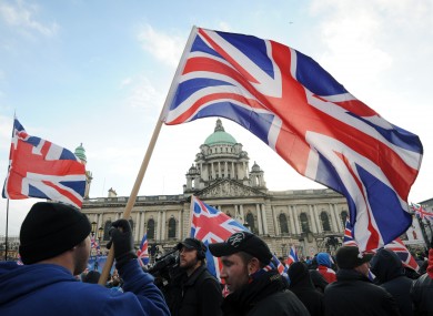 Loyalists gather for a weekly protest regarding the decision to restrict the flying of the Union flag over the City Hall.