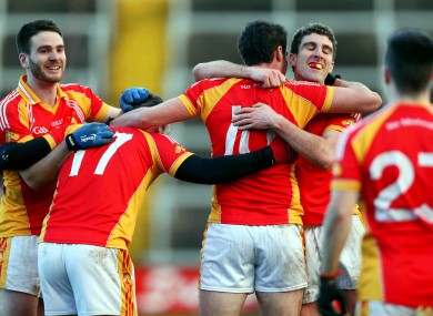 Castlebar players celebrate at the end of their semi final win over Dr Crokes in February.