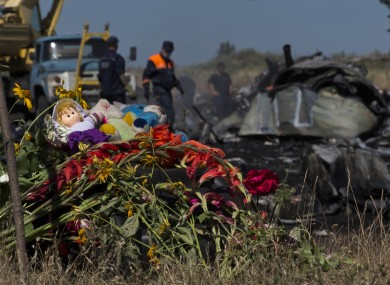 Toys and flowers are placed at the crash site of Malaysia Airlines Flight 17 near the village of Hrabove, eastern Ukraine.