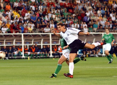 Klose scores against Ireland at the 2002 World Cup.
