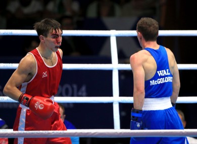 Michael Conlan suffers a cut during his match against Wales' Sean McGoldrick in the Men's Boxing Bantam (56kg) semi-final.