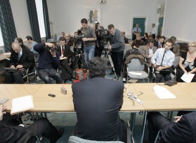 Brian Lenihan speaking to the media after the bank guarantee was announced in September 2008