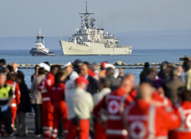 Italian Navy frigate carrying the victims and the survivors of a migrant boat that sank in May.