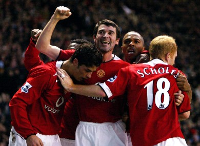 Happier times: midfield partners Keane and Scholes.