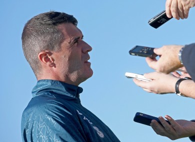 Assistant manager Roy Keane speaks to the media after training.