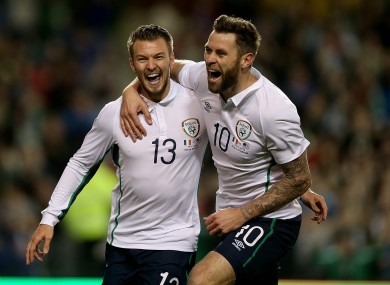 Anthony Pilkington and Daryl Murphy celebrate Ireland's opening goal against America.