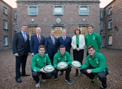 Philip Browne, Martin McGuinness, Enda Kenny, Peter Robinson and Joan Burton with Andrew Trimble, Paddy Jackson, Robbie Henshaw and Jordi Murphy.