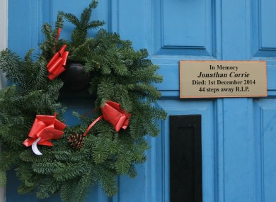 A plaque in the Molesworth Street doorway where Jonathan Corrie died.