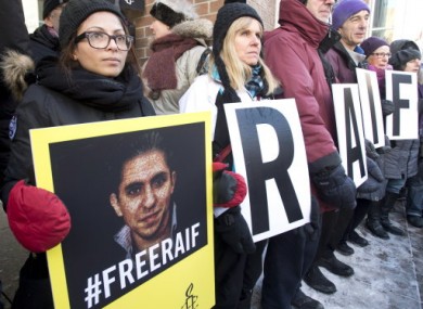 Ensaf Haidar, left, wife of blogger Raif Badawi, takes part in a rally for his freedom, Tuesday, January 13, 2015 in Montreal.