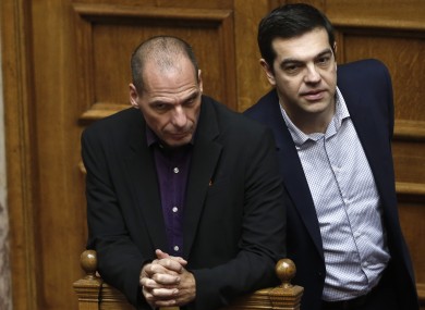 Greek Minister Alexis Tsipras, right and his Finance Minister Yanis Varoufakis.