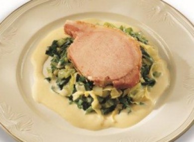 Traditional bacon and cabbage with mustard sauce.