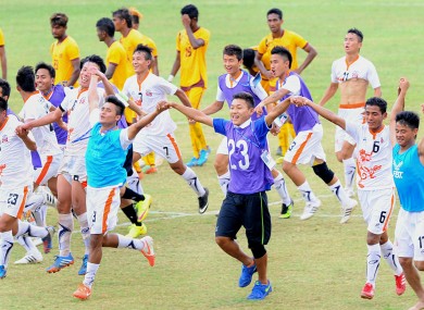Bhutan's national team celebrate against Sri Lanka.