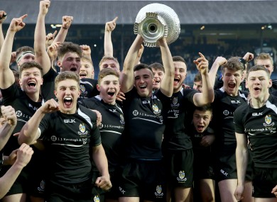 Roscrea captain Tim Foley lifts the Leinster Senior Schools Cup on Tuesday.
