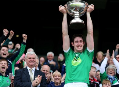 John Paul McGarry lifts the Lory Meagher Cup for Fermanagh.