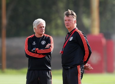 Manchester United's manager Louis van Gaal with chief opposition scout Marcel Bout yesterday.