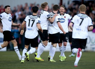 The Dundalk players congratulate goalscorer Finn.
