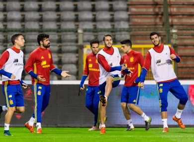 Spanish players training at the King Baudouin stadium in Brussels on Monday.