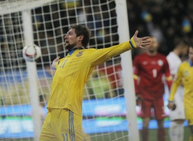 Ukraine's Yevhen Seleznyov celebrates after scoring his side;s second goal.