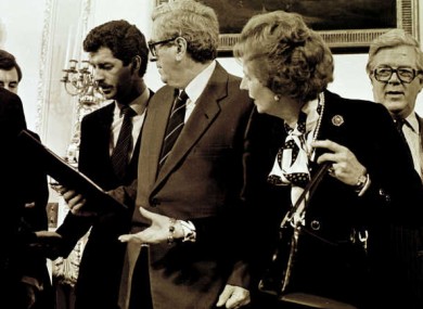 From left to right: Dick Spring, Garret Fitzgerald and Margaret Thatcher at the signing of the Anglo-Irish Agreement
