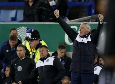 Leicester City manager Claudio Ranieri celebrates his team's victory over Everton.