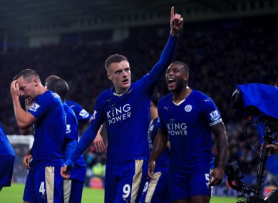Leicester City's Jamie Vardy celebrates scoring.