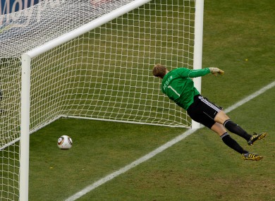 Germany's Manuel Neuer beaten by Frank Lampard's strike in 2010. The goal was disallowed.