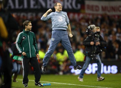 Martin O'Neill celebrates Ireland's qualification.