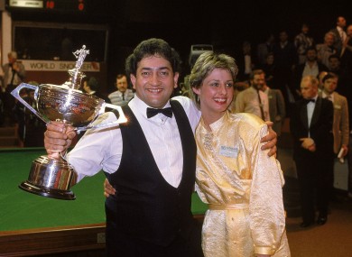 The 1986 world snooker champion Joe Johnson with his trophy.