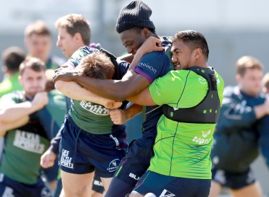 AJ MacGinty, Niyi Adeolokun and Bundee Aki at training this week.