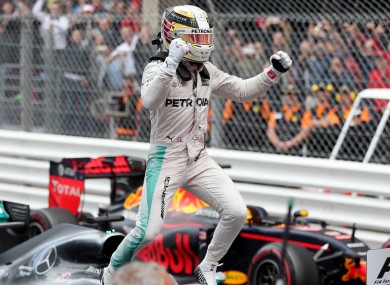 Lewis Hamilton celebrates his victory in today's Monaco Grand Prix.