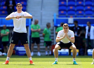 Stephen Ward, Seamus Coleman and Robbie Keane during today's session.
