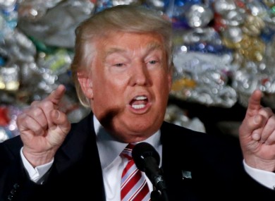 Donald Trump speaks during a campaign stop at Alumisource, a metals recycling facility in Monessen, Pennsylvania.