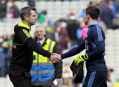 Donegal manager Rory Gallagher congratulates Dublin goalkeeper Stephen Cluxton after April's league semi-final.
