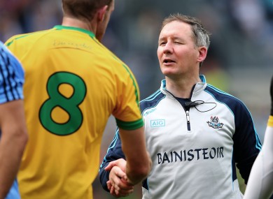 Jim Gavin shakes hands with Neil Gallagher after the 2014 All-Ireland semi-final