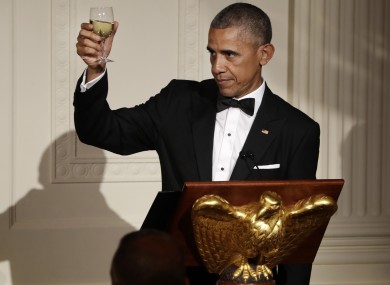 President Barack Obama raises a toast at a state dinner in the White House this week.