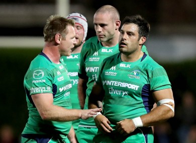 Tom McCartney and Ronan Loughney converse during Connacht's pre-season fixture away to montpellier