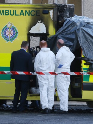 The scene at Naas General Hospital in Co KIldare after a patient died and a medic was injured after an ambulance burst into flames.