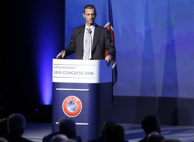 Head of the Slovenian Soccer Federation Aleksander Ceferin speaks during the vote for the new Uefa president.