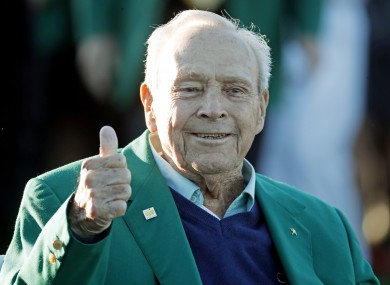 Palmer: four-time Masters winner gives the thumbs up before the 2016 tournament at Augusta National.