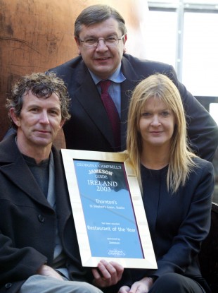 Kevin and Muriel Thornton, who won Jameson Restaurant of the Year 2003, with Chief Executive Officer of Irish Distillers Philippe Savinel.