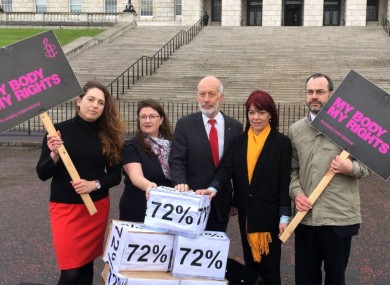 L to R: Adrianne Peltz of Amnesty International, Kellie Armstrong of the Alliance Party, David Ford of the Alliance Party, Claire Bailey of the Green Party and Patrick Corrigan of Amnesty International at Parliament Buildings in Belfast.