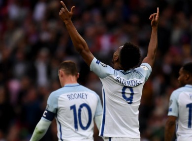 Daniel Sturridge celebrates scoring for England against Malta.