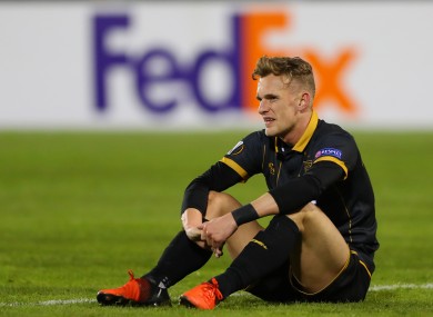 Dean Shiels dejected at the final whistle last night.