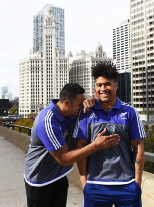 Jerome Kaino and Ardie Savea share a joke after Monday's press obligations.