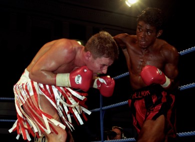 Challenger Kevin Lueshing lands a right to the head of defending champion Chris Saunders in a 1996 British welterweight bout.