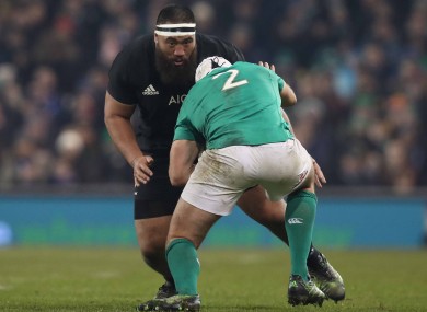 Ireland’s Rory Best runs into New Zealand's Charlie Faumuina during last month's Test in Dublin.
